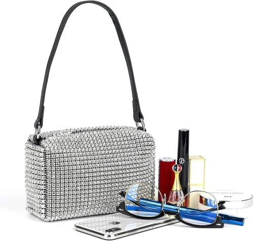 Vista 4 de Bolso de mano de noche con cristales brillantes para mujeres y niñas, bolso cruzado brillante para boda, graduación, fiesta, club, bolsos