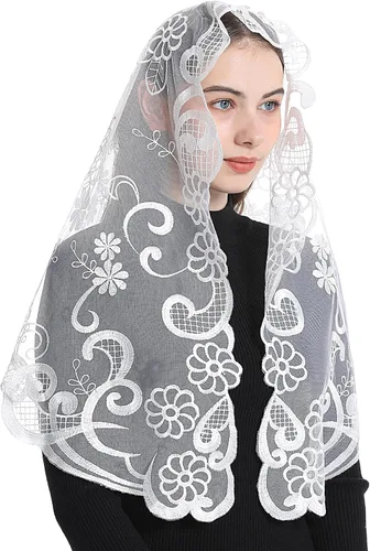 Vista 2 de Bozidol Triángulo Católico Iglesia Mantilla Velos para religioso cristiano encaje floral bufanda chal velo con pinzas para el pelo