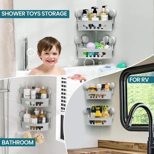 Vista 6 de TAILI Organizador de ducha de esquina con ventosas, organizador de pared montado, estante de plástico para baños pequeños, cocina, cesta de estante