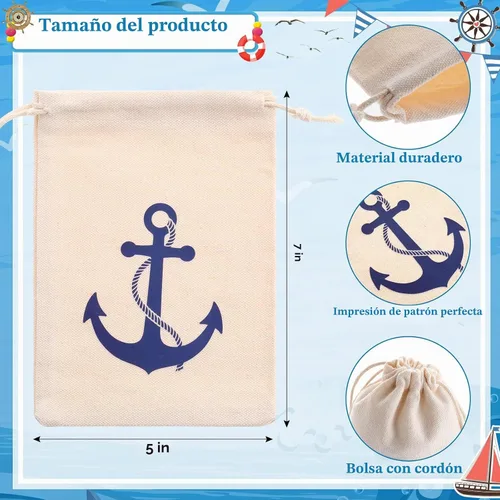 Vista 3 de Shellwei Paquete de 24 bolsas de regalo náuticas de algodón con cordón de anclaje náutico, bolsas temáticas de regalo de 7 x 5 pulgadas para niños