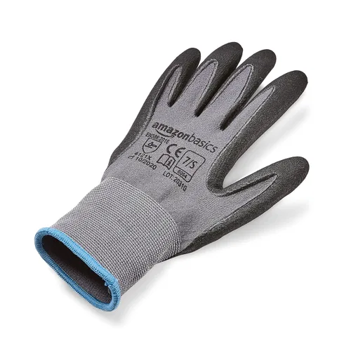 Vista 4 de Amazon Basics Guantes con revestimiento de nitrilo de microespuma, fibra de forro de nailon, pantalla táctil, gris, talla 7 (S), paquete de 6