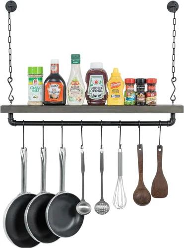 Vista 10 de MyGift Urban Industrial - Estante flotante de cocina de madera maciza quemada con soportes de metal negro para ollas y sartenes con 12 ganchos en S