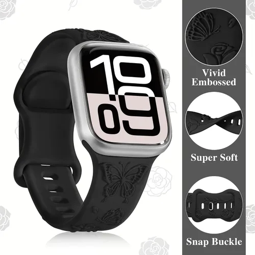 Vista 2 de Melyis Correa deportiva de silicona suave grabada con diseño floral y mariposa compatible con Apple Watch de 1.575 pulgadas, 1.614 pulgadas, 1.496