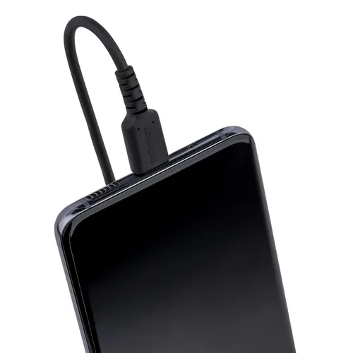 Vista 6 de StarTech Cable USB-A a USB-C en espiral de 3.3 pies, negro, 3A, USB 2.0 Carga y sincronización, chaqueta TPE, macho a hombre, fibra de aramida