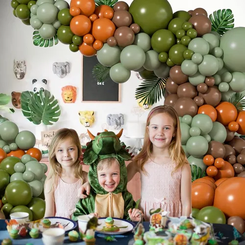 Vista 5 de Kit de guirnalda de globos de dinosaurio de 141 piezas, globos latxe marrones, naranjas, verde salvia para decoración de fiesta temática de jungla