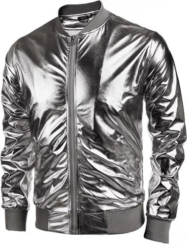 Vista 2 de COOFANDY Chaqueta metálica para hombre, diseño de los años 70, disco y fiesta de Navidad, chaqueta universitaria con cremallera