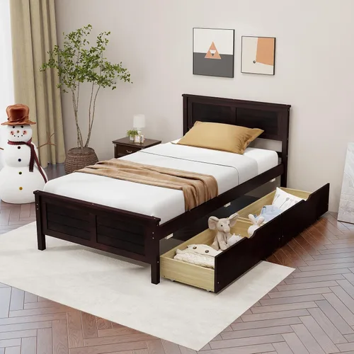 Vista 8 de Giantex Cama individual de madera con 2 cajones de almacenamiento, plataforma de madera maciza con cabecero, base de colchón de soporte de listones