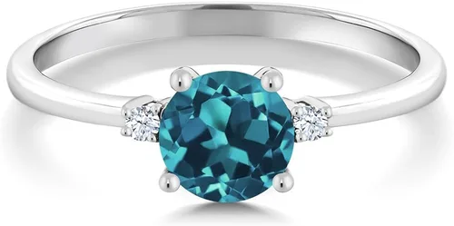 Vista 2 de Gem Stone King Anillo de compromiso de oro blanco de 10 quilates con topacio azul Londres y zafiro blanco creado para mujer 078 quilates redondo