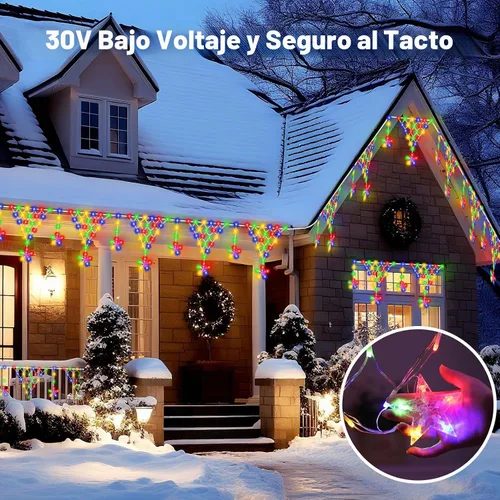 Vista 6 de Luces de Navidad para exteriores, 218 luces LED de cortina de Navidad de 13.8 pies, decoraciones de balcón al aire libre con 12 gotas de estrellas