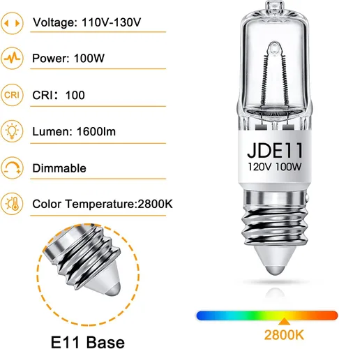 Vista 2 de Flaspar Bombilla E11, bombillas halógenas JDE11 de 100 W, 120 V, T4 E11, mini base de candelabro, blanco cálido 2800 K, regulable, transparente