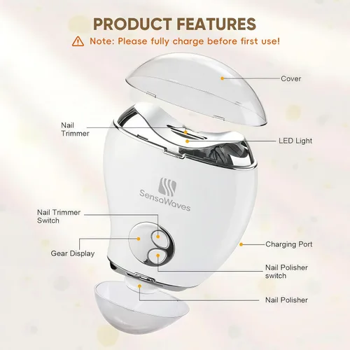 Vista 2 de Cortaúñas eléctrico 3 en 1 para bebés y adultos, recortadora recargable por USB con luz LED, pulidora y contenedor de almacenamiento, velocidad