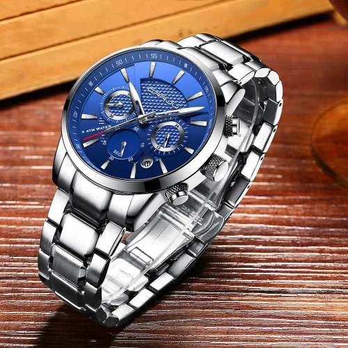 Vista 3 de CRRJU Reloj de pulsera impermeable de cuarzo con cronógrafo casual para hombre, correa de cuero negro