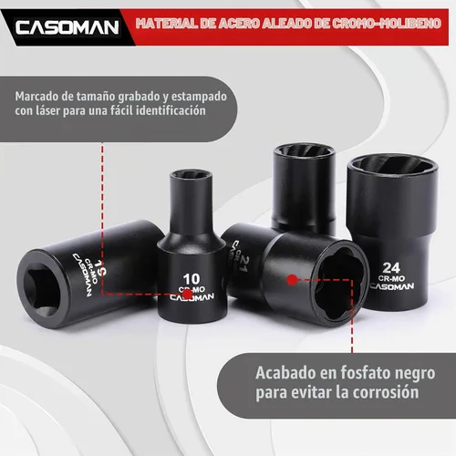 Vista 3 de CASOMAN Juego de 16 piezas de dados extractores de tuercas y pernos de impacto de 1/2 pulgada, extractor de tuercas de llanta desnudas, incluye