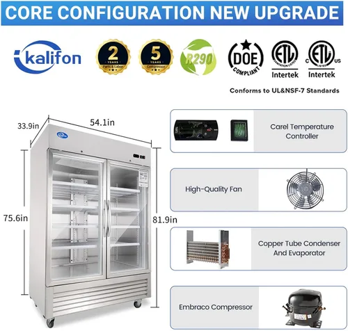 Vista 11 de Refrigerador de bebidas, refrigerador de bebidas de 49 pies cúbicos con puerta de vidrio, refrigerador comercial con 8 estantes ajustables