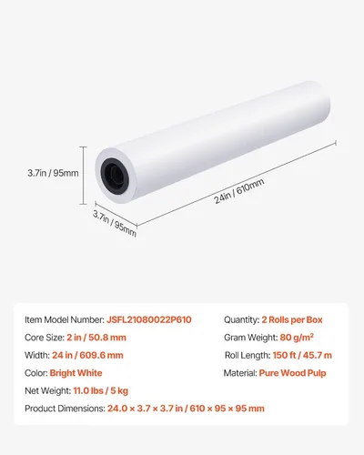 Vista 7 de VEVOR Papel de formato ancho, rollo de plotter de 24 pulgadas x 150 pies, 2 rollos de papel bond CAD con núcleo de 2 pulgadas, rollos de papel bond