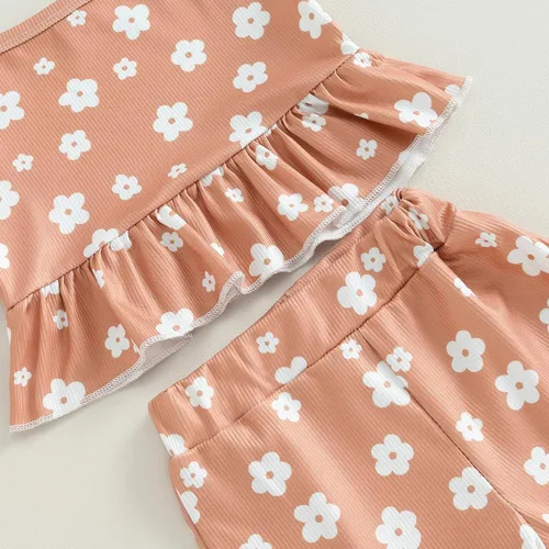 Vista 12 de Ropa de verano para bebé niña, sin mangas, estampado floral, correa acanalada, parte superior acampanada, pantalones de 2 piezas