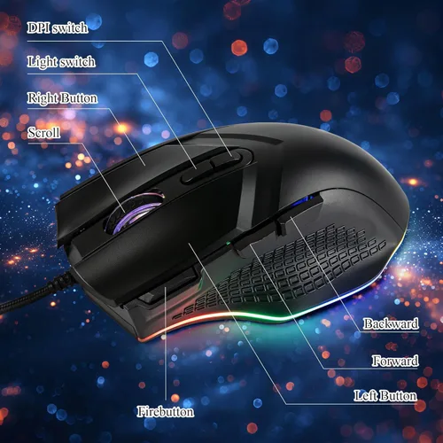 Vista 3 de LEWENTECH Gaming Mouse 6 Adjustable DPI Up to 7200 Wired PC Gaming Mouse 8 Programmable Buttons 13 Adjustable RGB LED Modes 1.5 M Drag-Free Paracord