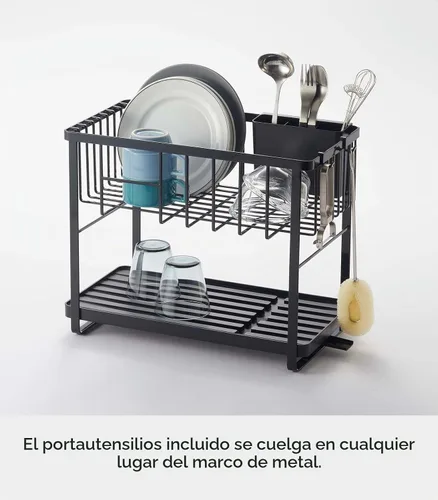 Vista 2 de YAMAZAKI Home Tower - Escurridor de platos ajustable de dos niveles, estante de secado compacto con ganchos, soporte para utensilios, acero - Negro