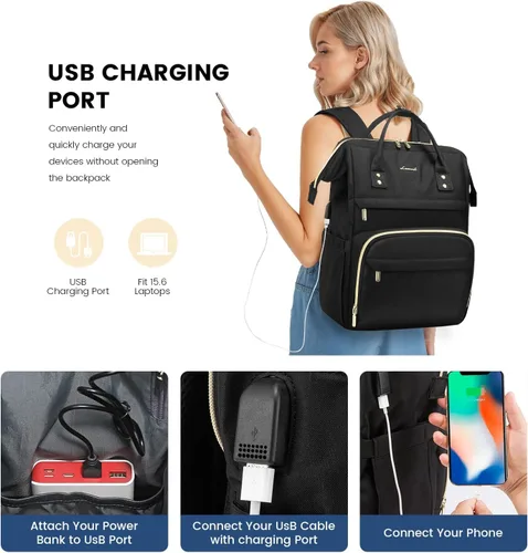 Vista 5 de Mochila para laptop LOVEVOOK para mujer, Negro, Mochilas Daypack