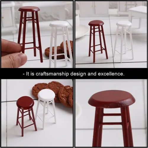 Vista 6 de Juego de 2 taburetes altos en miniatura, accesorios de muebles para casa de muñecas, taburetes de bar de plástico marrón para decoración de mini