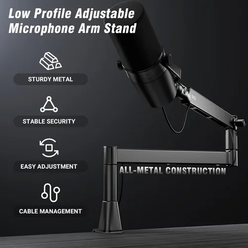Vista 2 de BASN - Soporte de brazo de micrófono de perfil bajo con abrazadera de escritorio, diseño giratorio y almacenable, canal de gestión de cables