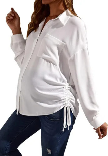 Vista 5 de OYOANGLE Blusa de maternidad para mujer, con bolsillo frontal, manga larga, dobladillo con cordón