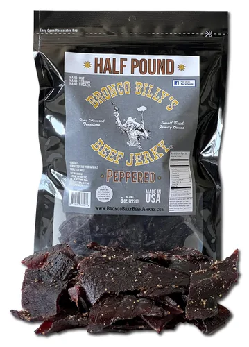 Vista 7 de Bolsa resellable de media libra de carne de res con sabor a bourbon Bronco Billy's Beef Jerky