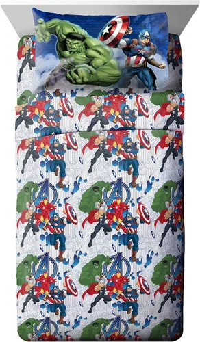 Vista 4 de Marvel Avengers Blue Circle - Juego de ropa de cama individual de 4 piezas, incluye edredón reversible y juego de sábanas, poliéster súper suave Los