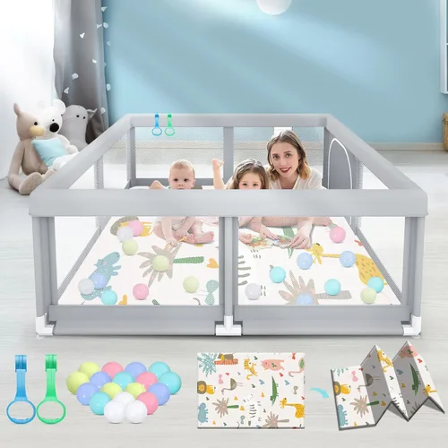 Vista 10 de Fshibila Corralito para bebés con alfombra, corralitos para bebés y niños pequeños, corralito de juego BabyFence para interiores y exteriores, patio