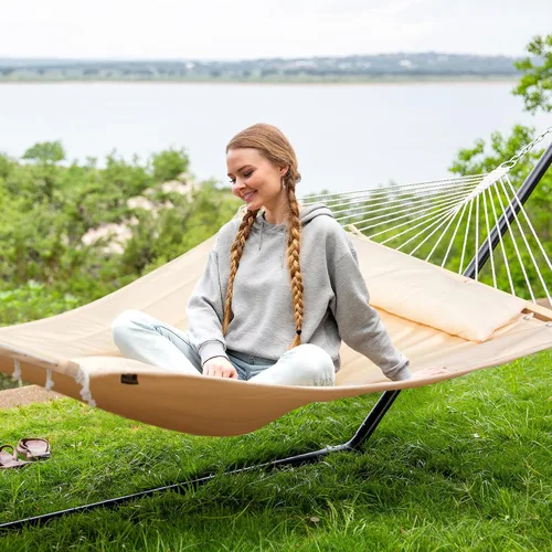 Vista 2 de SUNCREAT Hammocks Hamaca doble extragrande con soporte de 12 pies, capacidad de 475 libras, hamaca portátil al aire libre con barra separadora