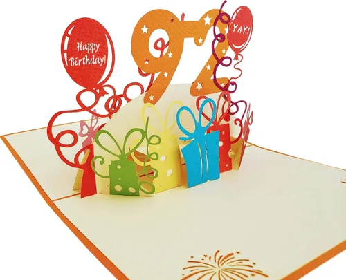 Vista 5 de iGifts And Cards Tarjeta desplegable 3D de cumpleaños 92, regalos coloridos y celebración de hitos de globos, saludo sincero para personas mayores