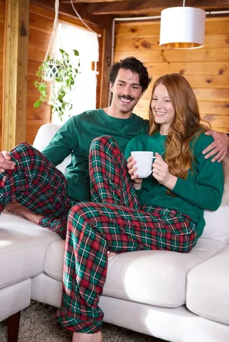 Vista 2 de Christmas Plaid Couples PJs - Red Green Plaid Flannel Pajamas