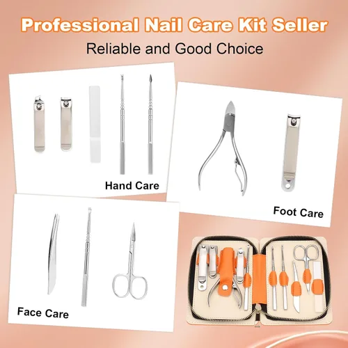 Vista 6 de Juego de manicura profesional para adultos, cortador de uñas de alto grado 10 en 1, cortaúñas encarnadas, pedicura con estuche de viaje de cuero.