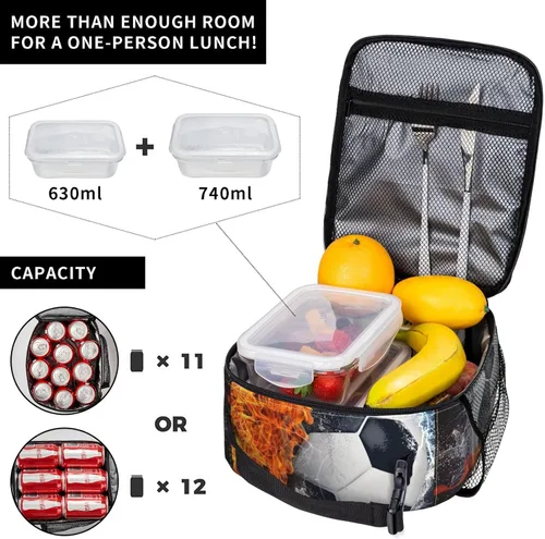 Vista 3 de Fiambrera deportiva con pelota de fútbol para niños, adultos, niñas, niños, bolsa de almuerzo refrigerante, reutilizable, aislada, bolsa