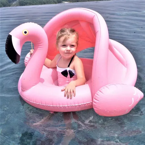 Vista 7 de Flotador de natación para bebé con toldo inflable para exteriores, anillo de natación para exteriores, flamenco rosa, niños pequeños de 6 meses a 48