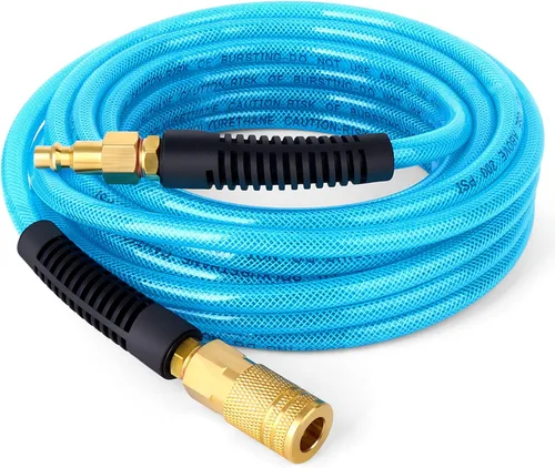 Vista 10 de GASHER Manguera de aire híbrida gris de 3/8" x 50FT, usada para conectar el compresor de aire, conector rápido industrial de 1/4" y enchufe