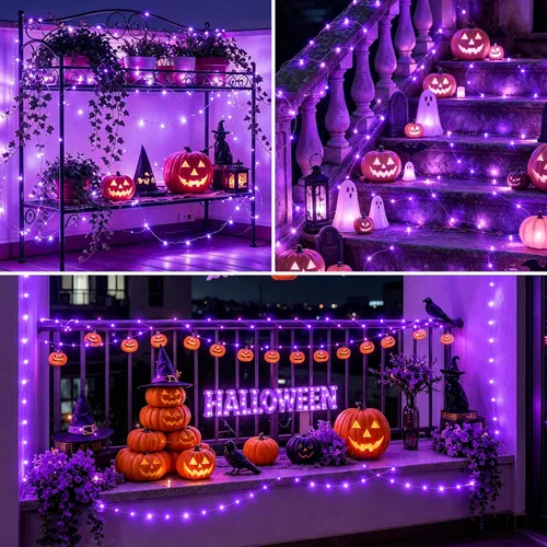 Vista 7 de YEGUO Paquete de 4 luces solares de Halloween de 33 pies, 100 luces LED moradas de Navidad impermeables para exteriores, 8 modos de luces solares