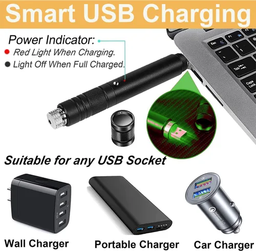 Vista 4 de Puntero láser de alta potencia, luz indicadora láser verde, carga USB, presentación, juguetes interactivos para perros de interior y gatos