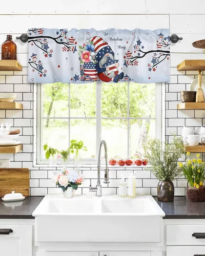Vista 42 de Cortinas de cocina de Navidad, cenefa semitransparente ajustable con lazo, muñeco de nieve, copo de nieve, bolsillo para barra, tratamiento