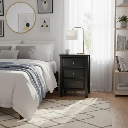 Vista 3 de Furnifact Mesa de acento negra compacta, Mesita de noche de un solo cajón, muebles de dormitorio de madera compuesta, mesa auxiliar pequeña
