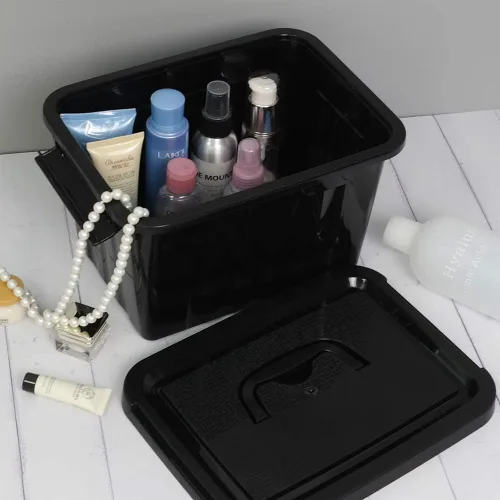 Vista 3 de Caja de almacenamiento de plástico negro de 6 cuartos de galón con asas, 6 paquetes