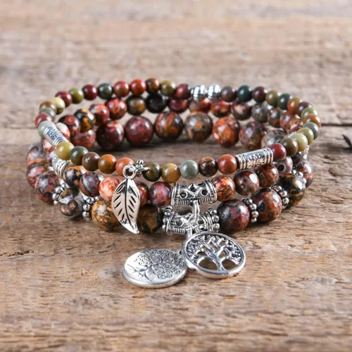 Vista 2 de YGLINE Pulseras de piedra curativa de yoga del árbol de la vida, juego de pulseras de reiki de piedra de chakra de loto multicapa, piedra natural