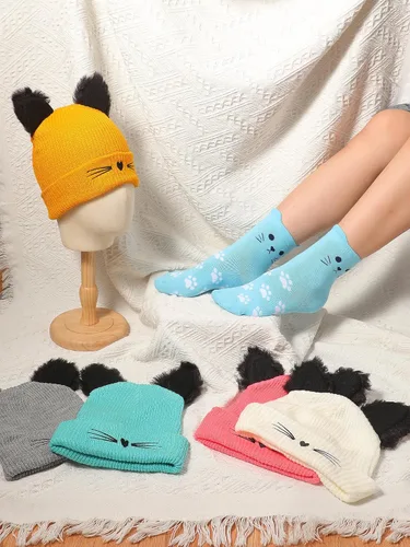 Vista 4 de Liitrsh Juego de 10 bonitos calcetines de gato y orejas de gato, gorro de punto para amantes de los gatos, niñas, mujeres, familia, Navidad, patas