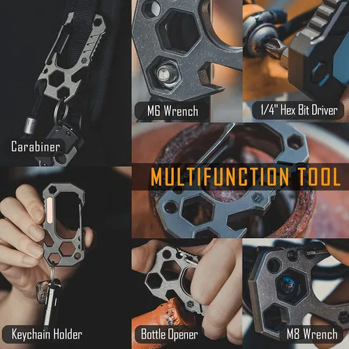 Vista 3 de KeyUnity KU01 Llavero de titanio con mosquetón multiherramienta, soporte para llaves de mosquetón, llaves de tornillo, soporte para brocas