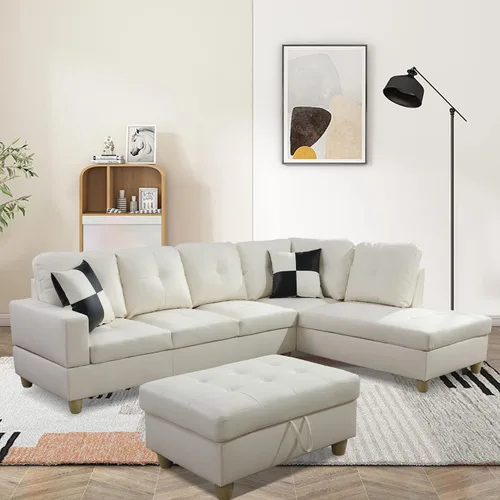 Vista 10 de Juego de sofá seccional de cuero para sala de estar, juego de 3 piezas con almacenamiento otomano negro para sala de estar/dormitorio/apartamento