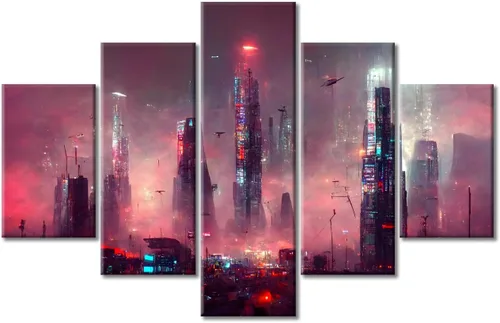 Vista 55 de Cuadros de 5 paneles de Cyberpunk City, arte de pared, representación de vallas publicitarias, edificios modernos en la capital con obras de arte