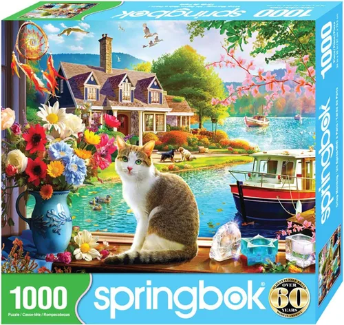 Vista 2 de Springbok Crisp Morning - Rompecabezas de 1000 piezas para adultos y familias, cuenta con un gato disfrutando de una vista junto al lago