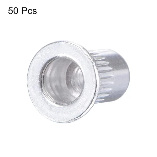 Vista 4 de uxcell Tuercas de remache M3 aleación de aluminio moleteado cabeza plana roscada tuerca de inserción plateada 50pcs