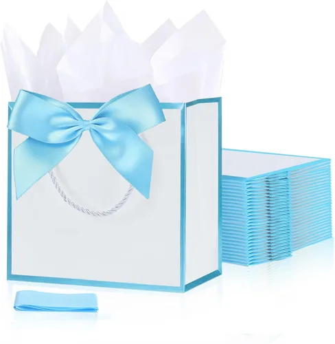 Vista 30 de SHIPKEY Paquete de 10 bolsas de regalo verde aguamarina con papel de seda bolsa de regalo de dama de honor de 8 x 4 x 11 pulgadas, bolsa de papel