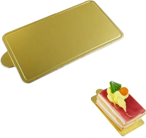 Vista 7 de 100 mini tablas para tartas de 5.12 x 1.57 pulgadas, juego de cartón rectangular dorado de barra larga, base para cupcakes, bandeja para exhibidores